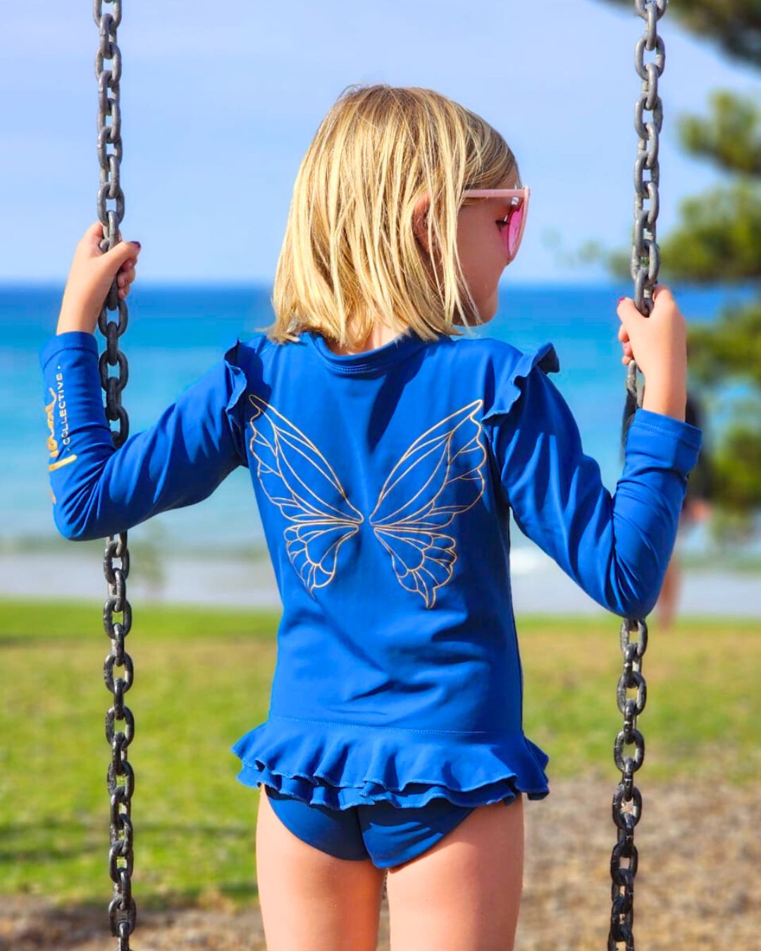 NEW Girls Fleece Lined Butterfly Bathers -Sizes 1- 8 - NEW Bailee Denim Blue